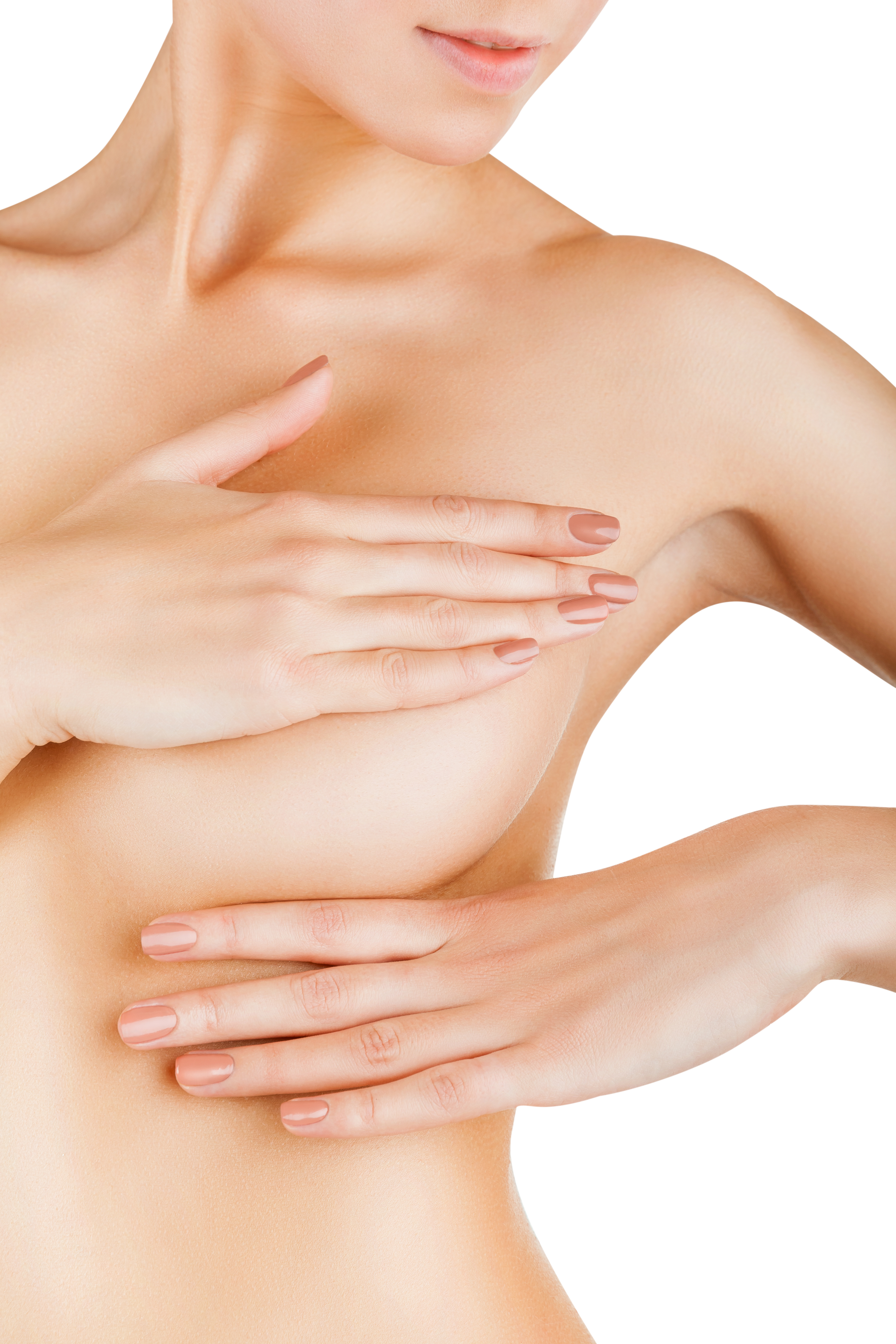 Young woman examining her breasts for signs of breast cancer isolated on white background